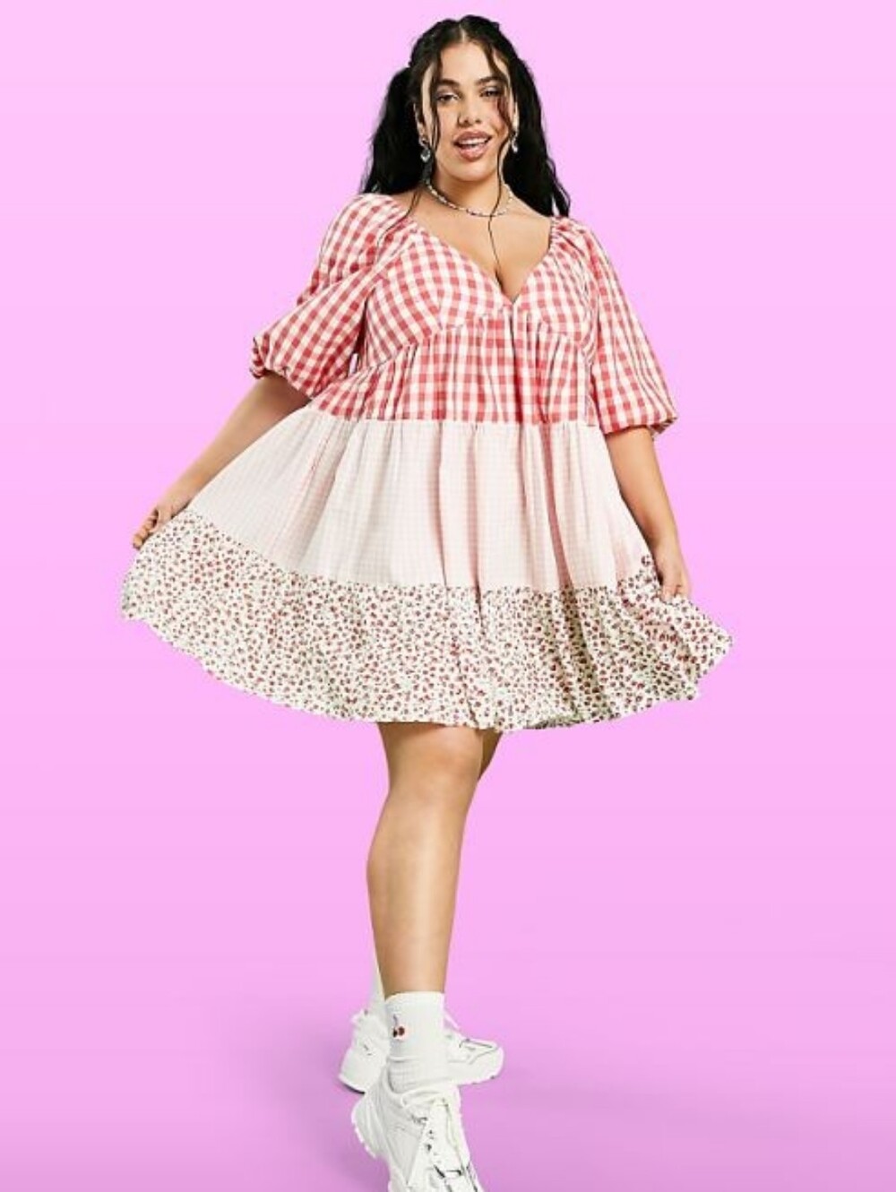 ASOS mixed gingham and floral tiered mini smock babydoll dress